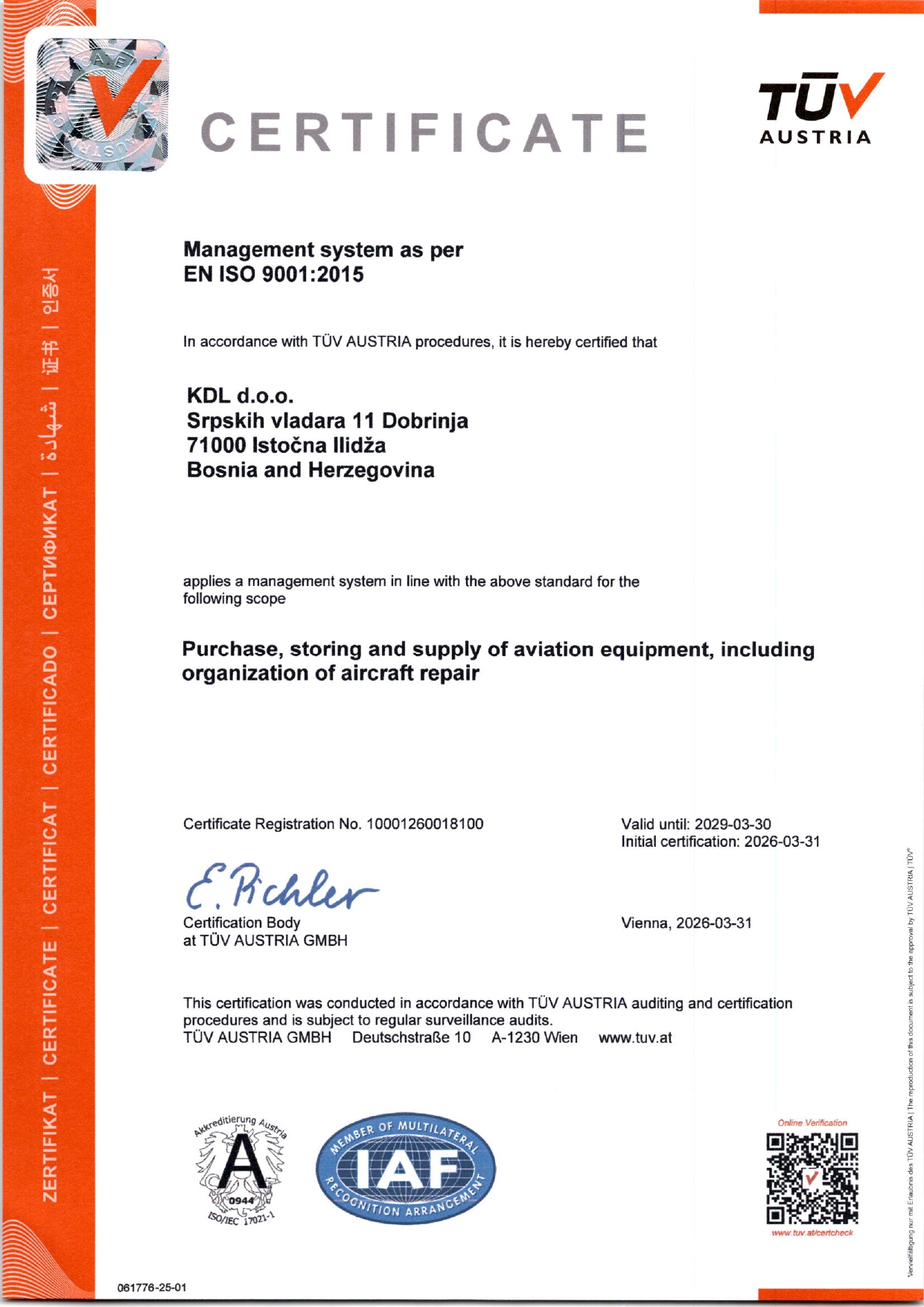 ISO 9001:2015 Certificate - KDL D.O.O.